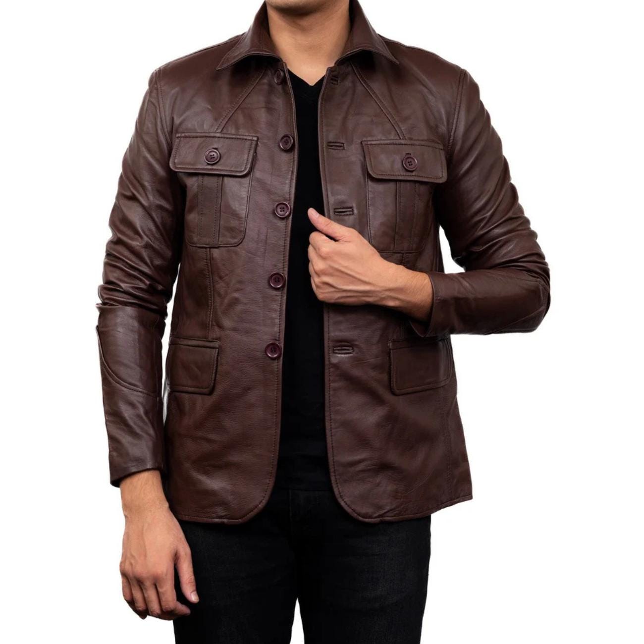 Handmade Black Lambskin Leather Jacket, 5-Button Overcoat