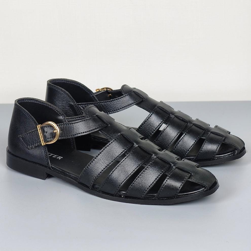 Greek Handmade Black Leather Fisherman Sandals: Adjustable Buckle, Cushioned Arch Support Casual Leather Shoes