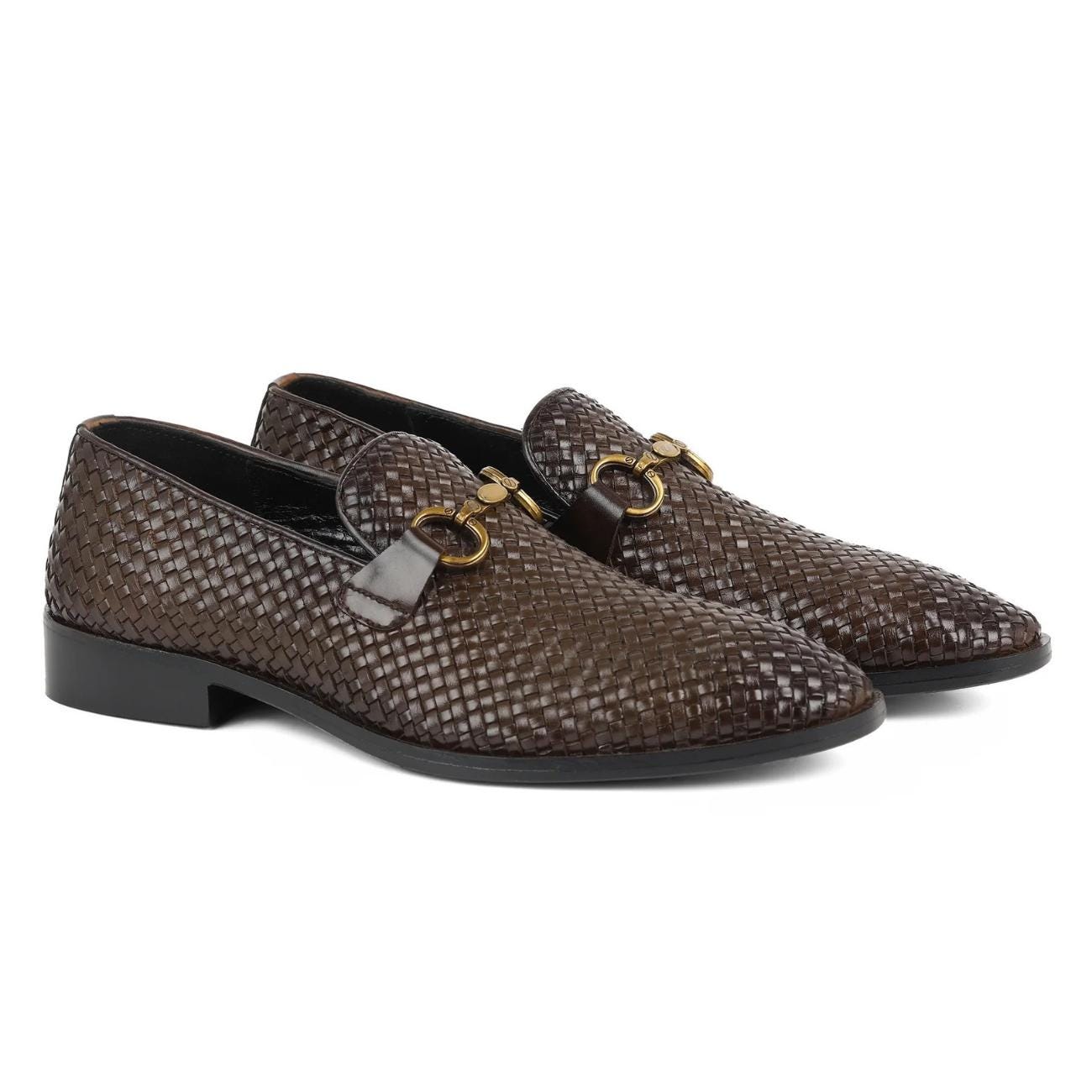 Men’s Handmade Handwoven Leather Loafers – Genuine Cowhide Dress Shoes with Leather Sole | Formal Wedding Shoes