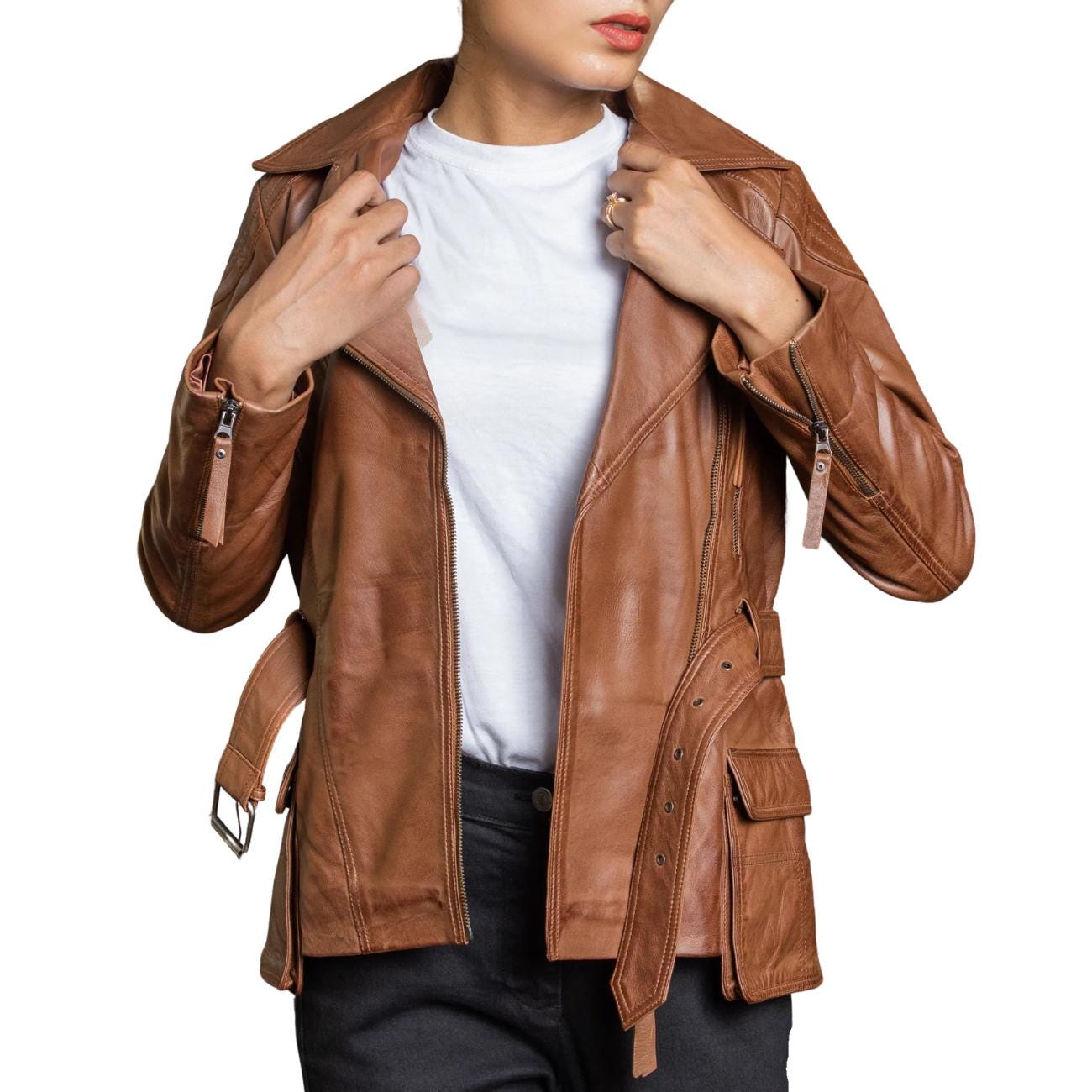 Distressed Brown Lambskin Leather Biker Jacket - Women's Retro Motorcycle Coat