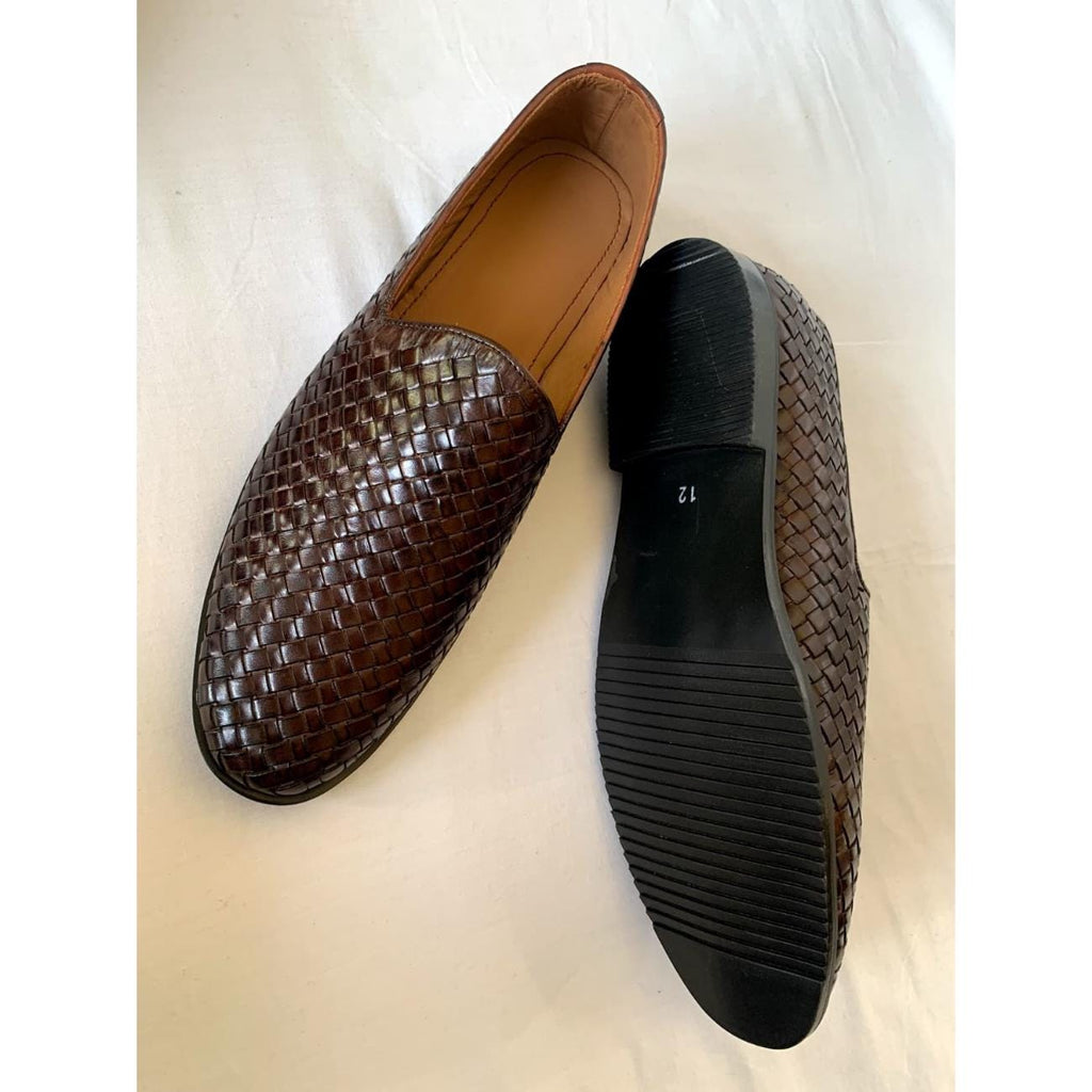 Handmade Woven Brown Leather Loafers: Men's Slip-On Moccasins Mens Shoes