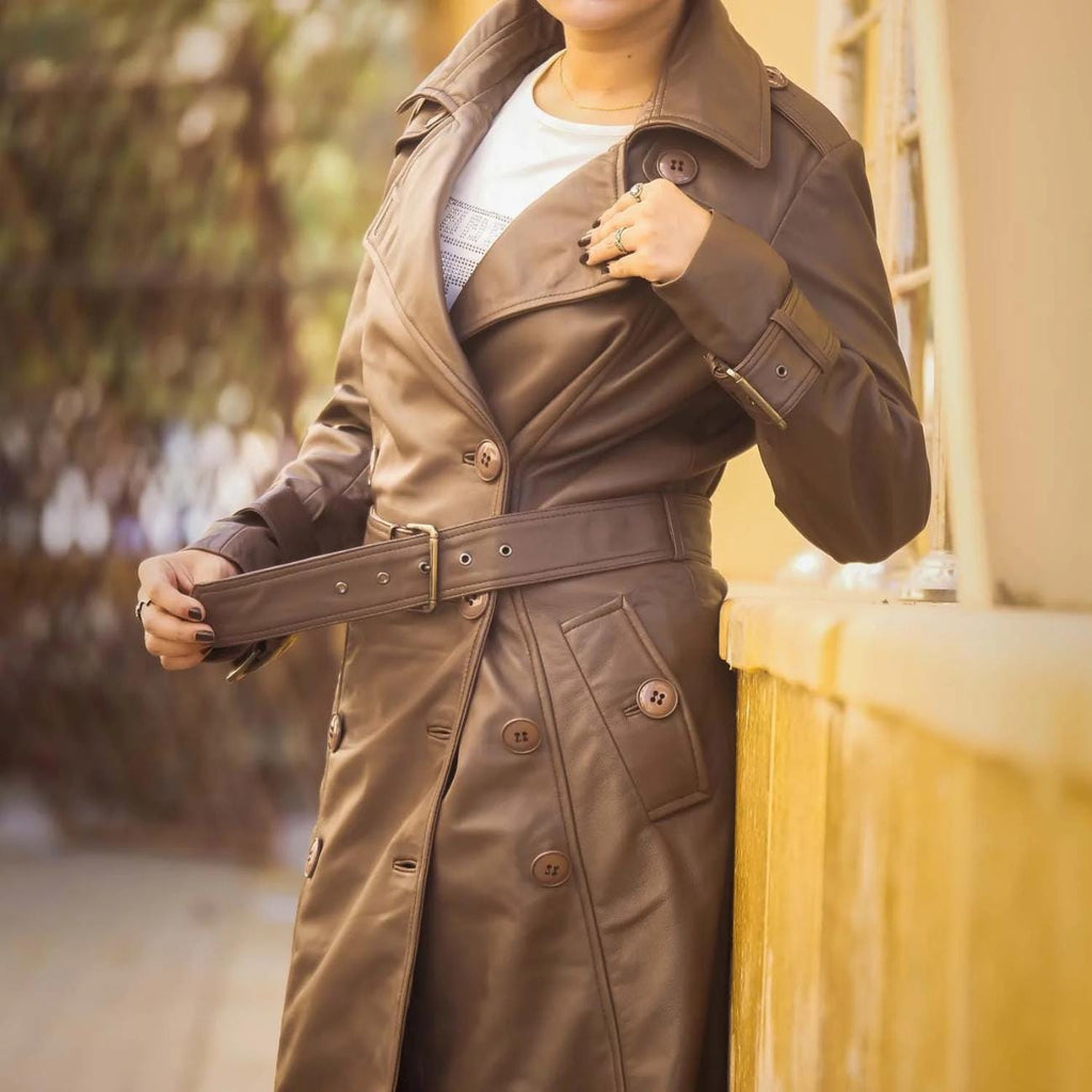 Handmade Lambskin Leather Trench Coat: Double-Breasted Belted Winter Coat Oversized Jacket for Women