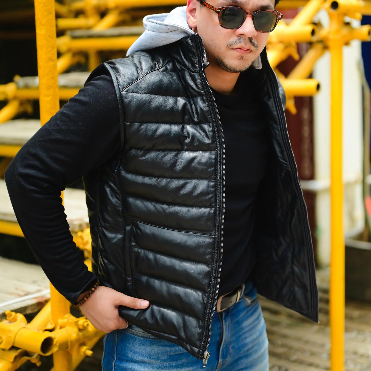 Handmade Men’s Leather Puffer Vest – Genuine Lambskin with Removable Hood – Winter Quilted Jacket