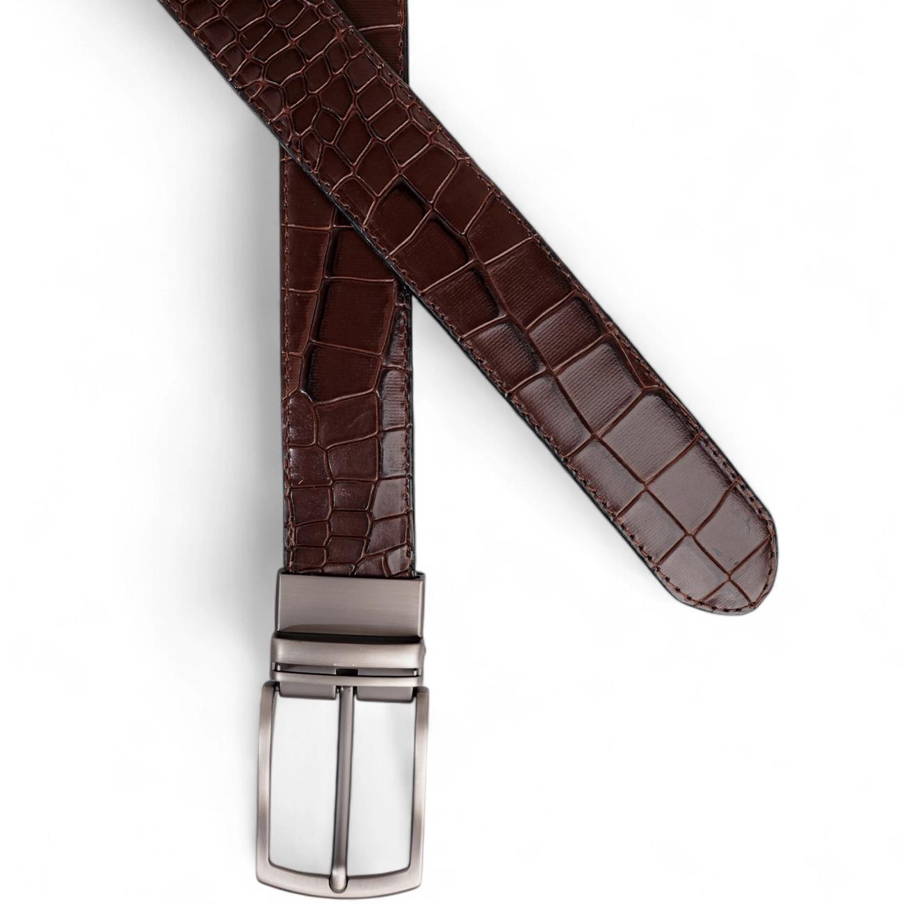 Handmade Reversible Men’s Leather Belt – Crocodile Textured & Smooth Finish with Silver-Tone Buckle