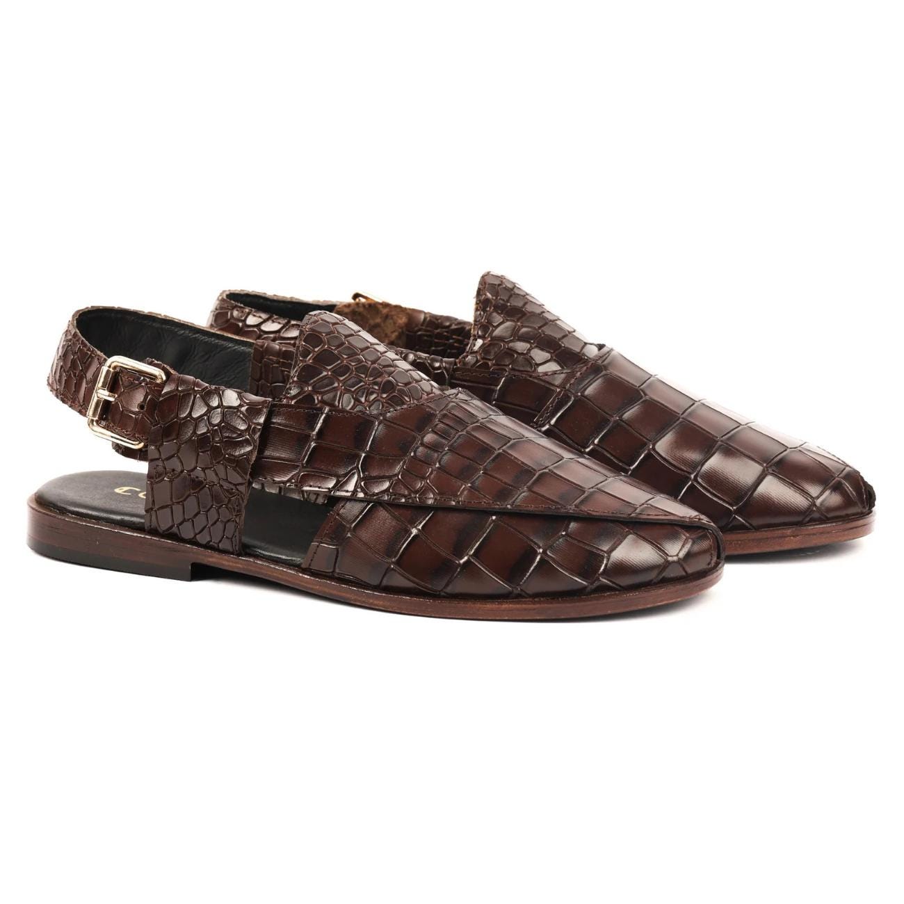 Handmade Croc Texture Leather Peshawari Chappal Sandals – Genuine Cow Leather Pakistani Footwear