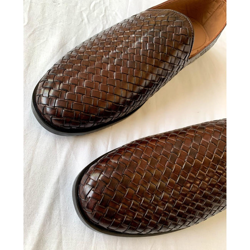 Handmade Woven Brown Leather Loafers: Men's Slip-On Moccasins Mens Shoes