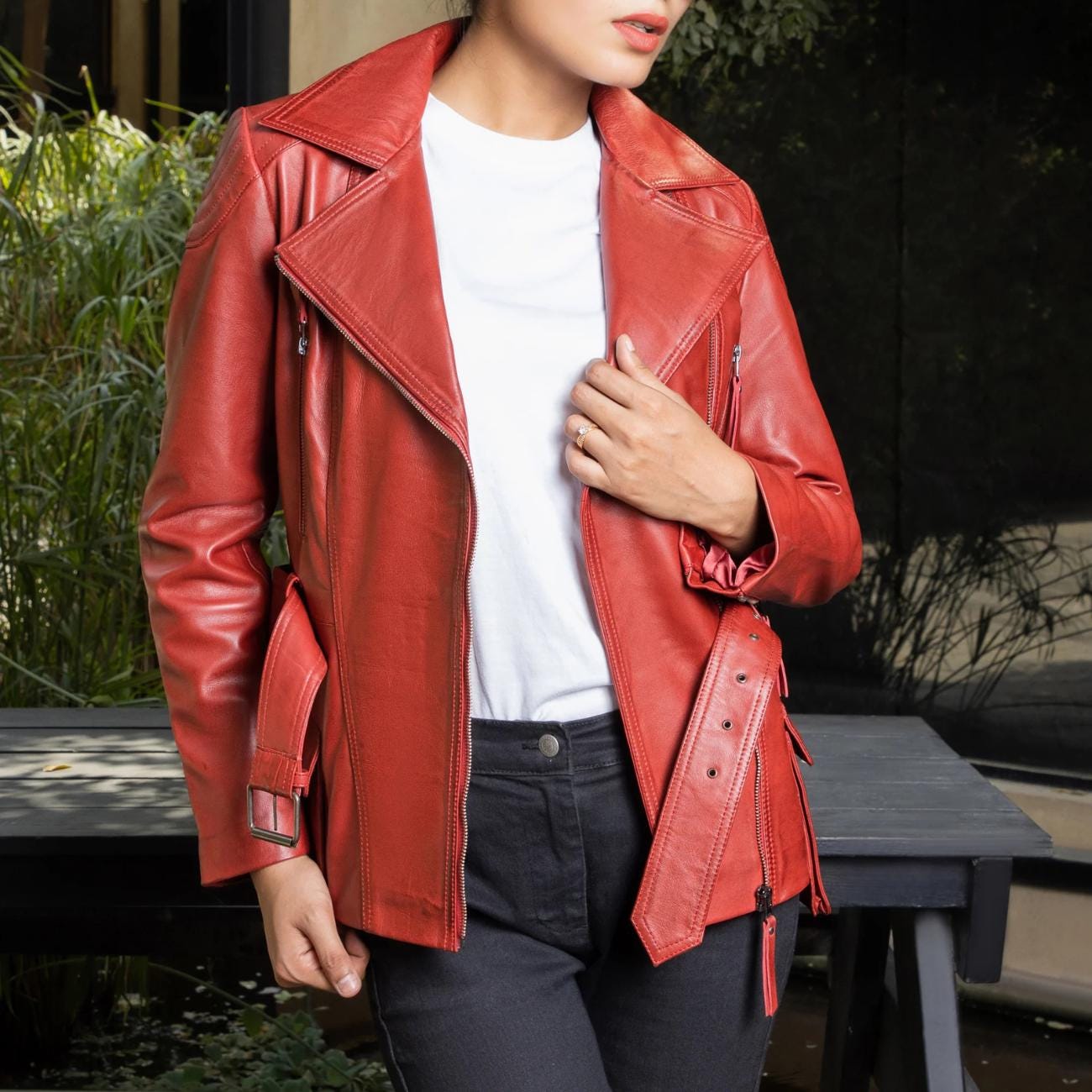 Red Lambskin Leather Motorcycle Jacket: Women's Multi-Zip Biker Coat