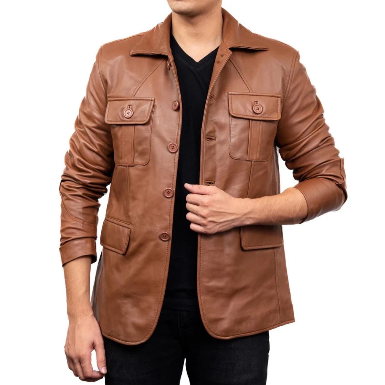 Handmade Black Lambskin Leather Jacket, 5-Button Overcoat