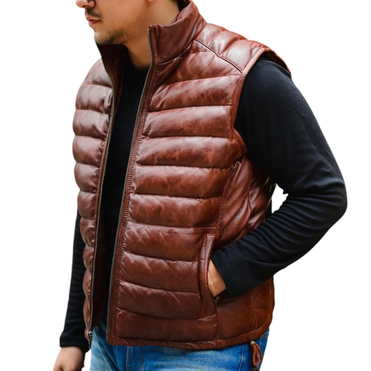 Handmade Men’s Leather Puffer Vest – Genuine Lambskin with Removable Hood – Winter Quilted Jacket