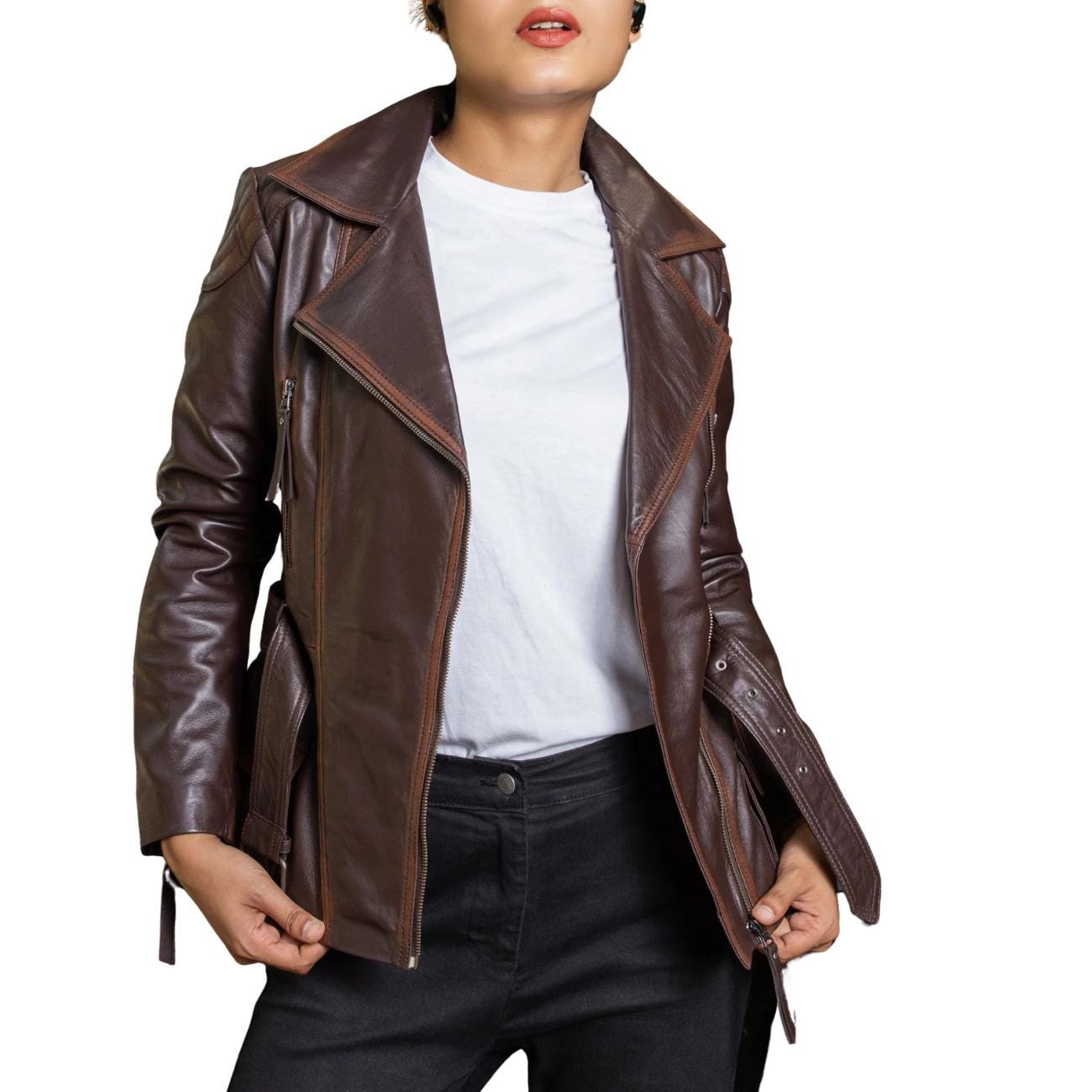 Distressed Brown Lambskin Leather Biker Jacket - Women's Retro Motorcycle Coat
