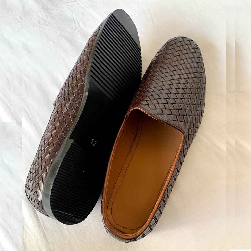 Handmade Woven Brown Leather Loafers: Men's Venetian Slip-Ons Moccasins