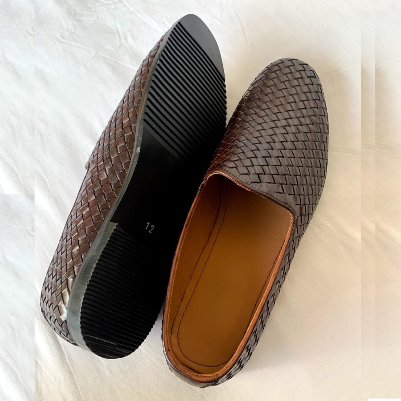 Handmade Woven Brown Leather Loafers: Men's Venetian Slip-Ons Moccasins