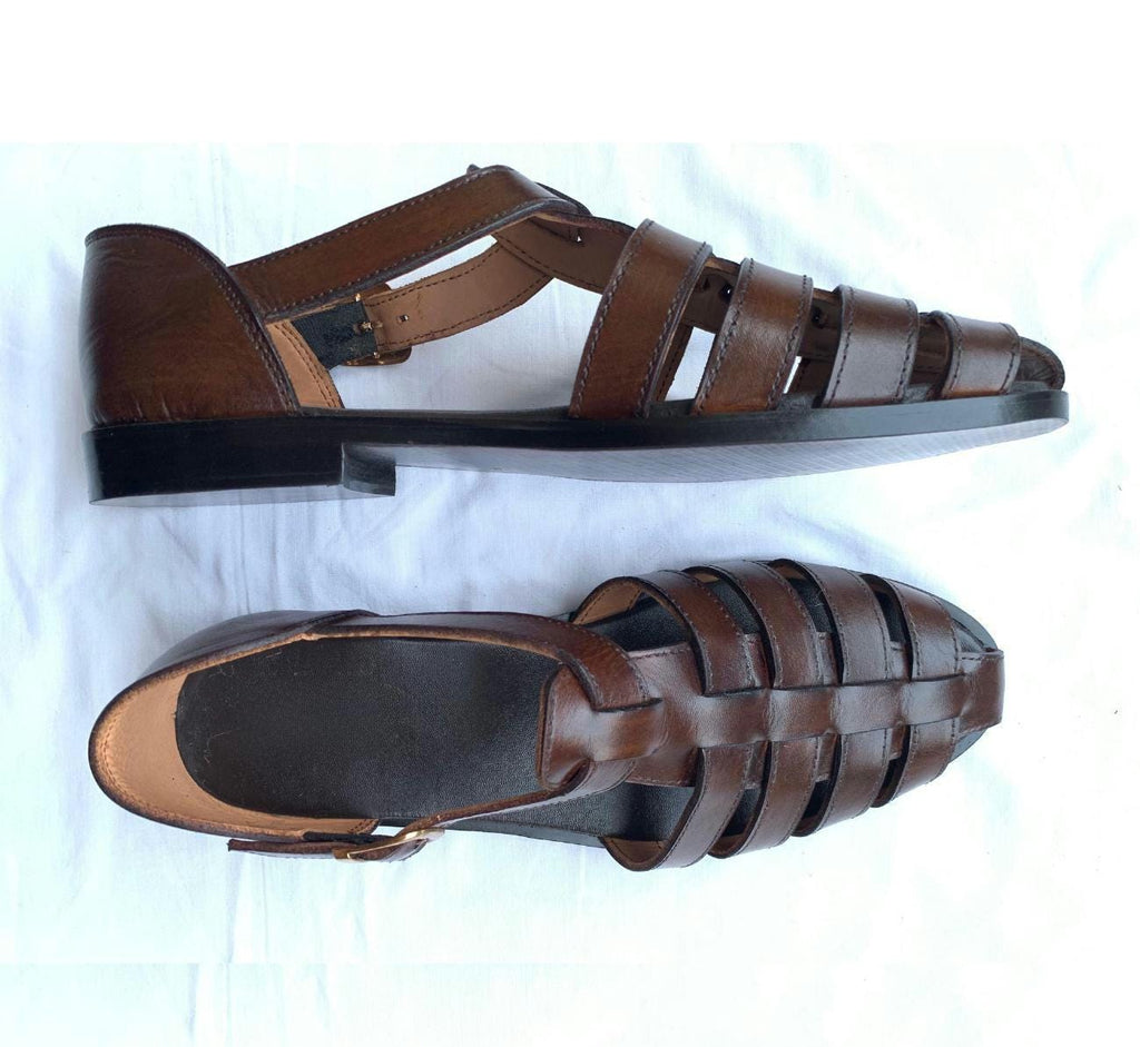 Mens Handmade Greek Leather Fisherman Sandals:  Cushioned Arch Support with Adjustable Buckle
