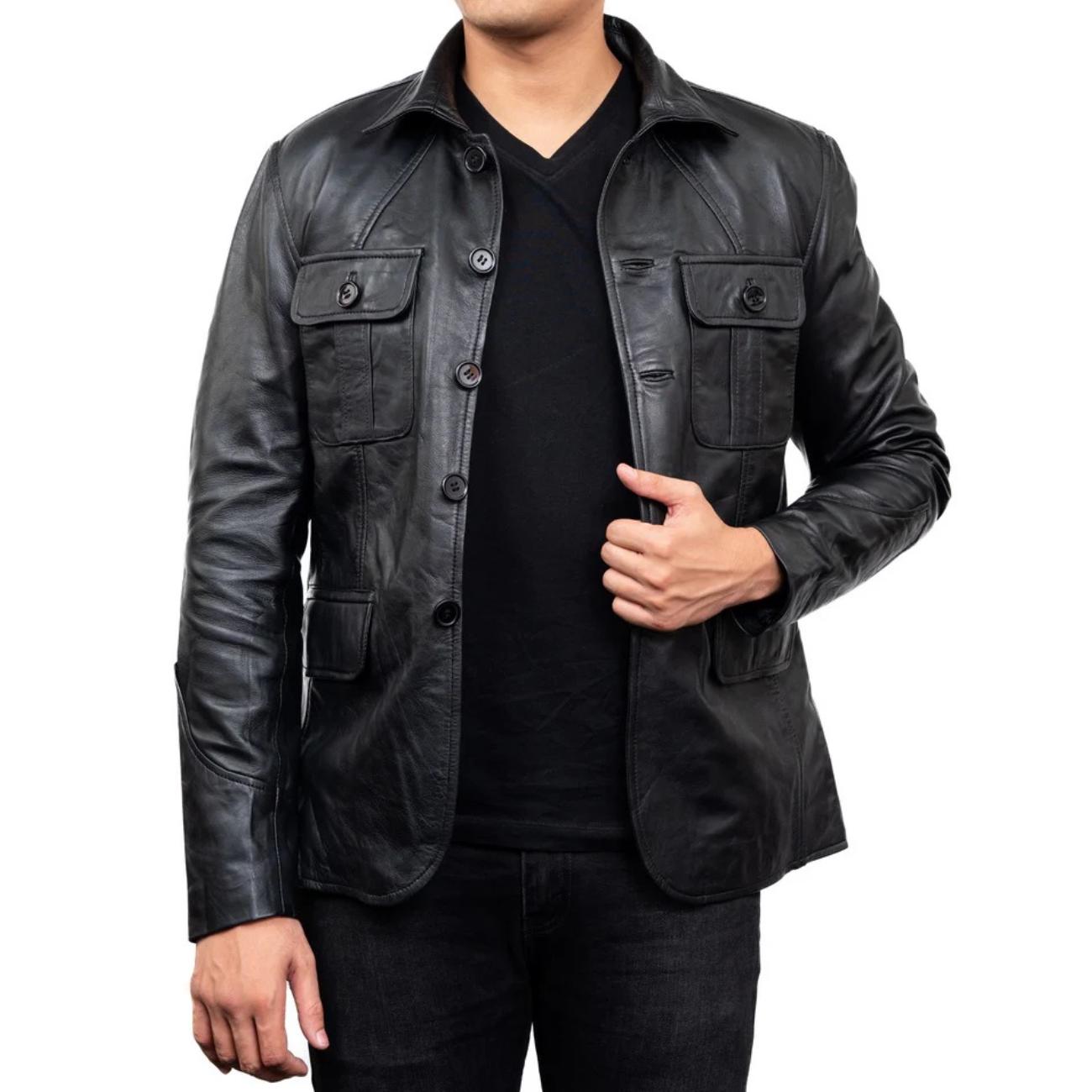 Handmade Black Lambskin Leather Jacket, 5-Button Overcoat