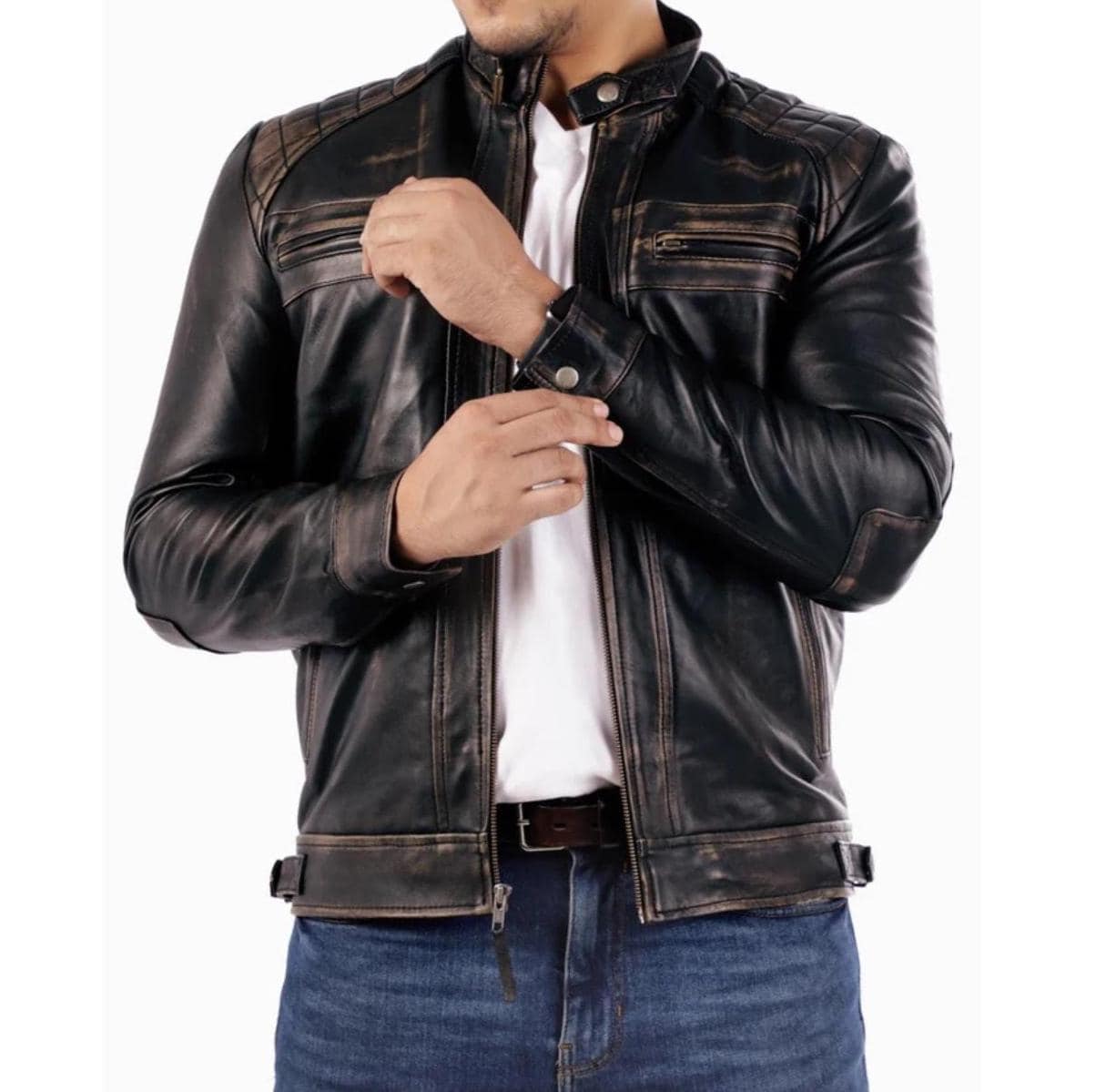 Handmade Lambskin Leather Cafe Racer Jacket: Vintage Distressed Black Biker Style