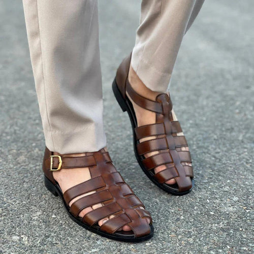Greek Handmade Black Leather Fisherman Sandals: Adjustable Buckle, Cushioned Arch Support Casual Leather Shoes