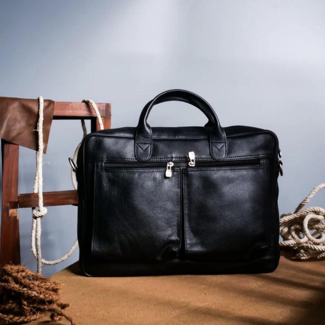 Full-Grain Leather Laptop Briefcase: 15.5" Messenger Bag with Antique Brass