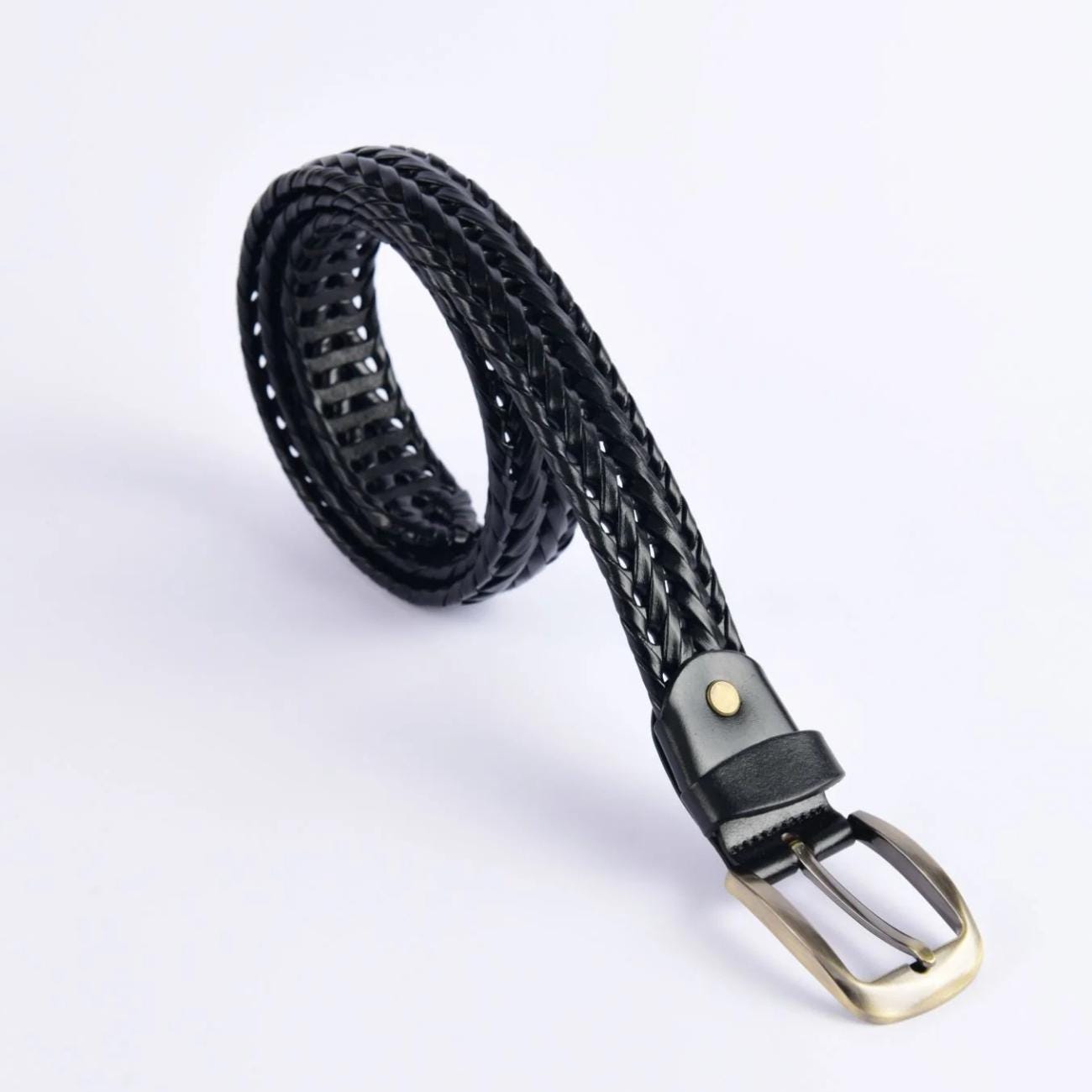 Handmade Braided Leather Belt Set: Black & Brown Woven Belts