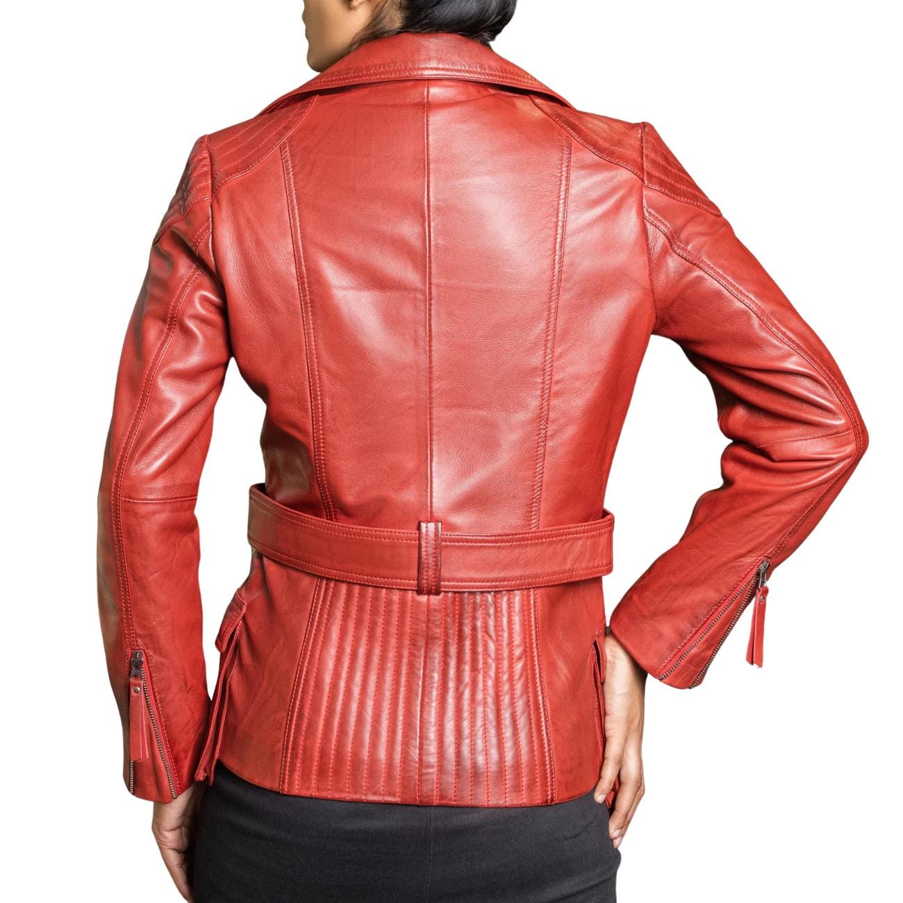 Red Lambskin Leather Motorcycle Jacket: Women's Multi-Zip Biker Coat
