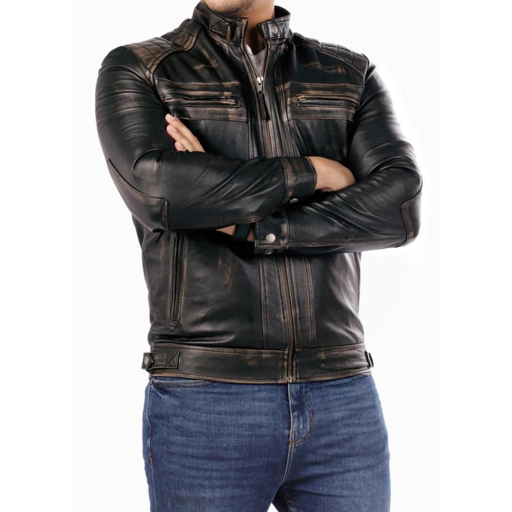 Handmade Lambskin Leather Cafe Racer Jacket: Vintage Distressed Black Biker Style