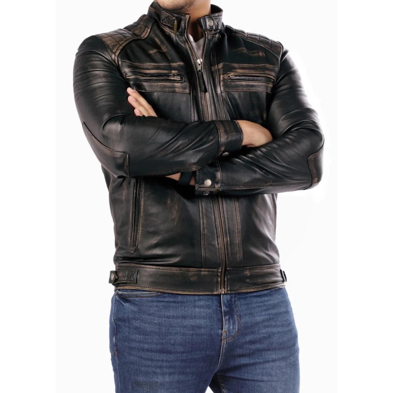 Handmade Lambskin Leather Cafe Racer Jacket: Vintage Distressed Black Biker Style