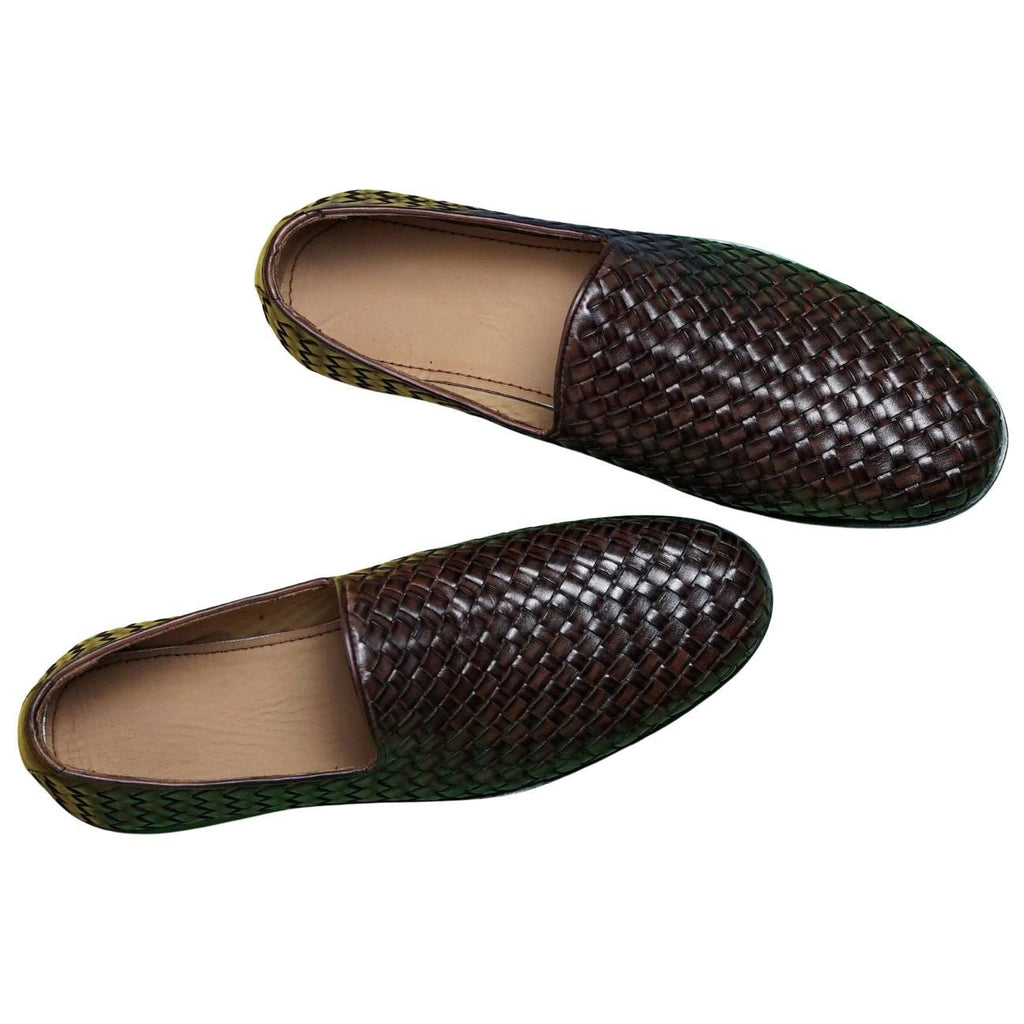 Handmade Woven Brown Leather Loafers: Men's Venetian Slip-Ons Moccasins