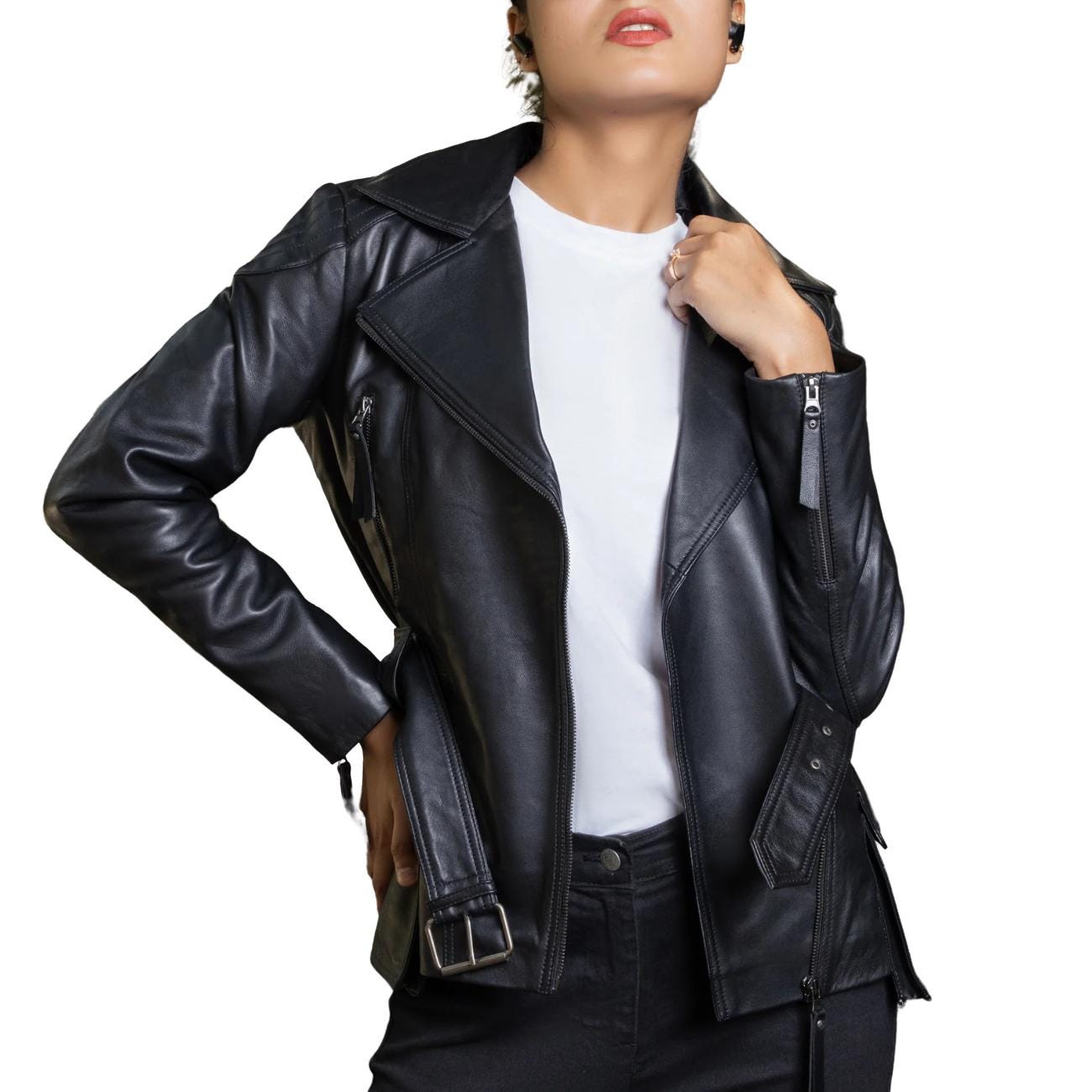 Distressed Black Lambskin Leather Biker Jacket: Women's Moto Style