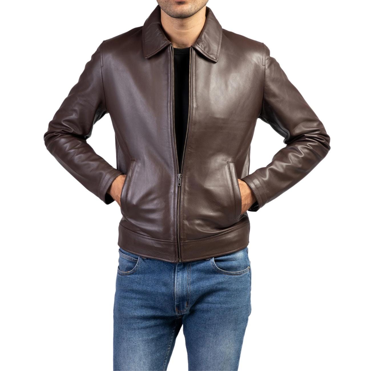 Men's Handmade Lambskin Leather Harrington Jacket: 90s Vintage Style