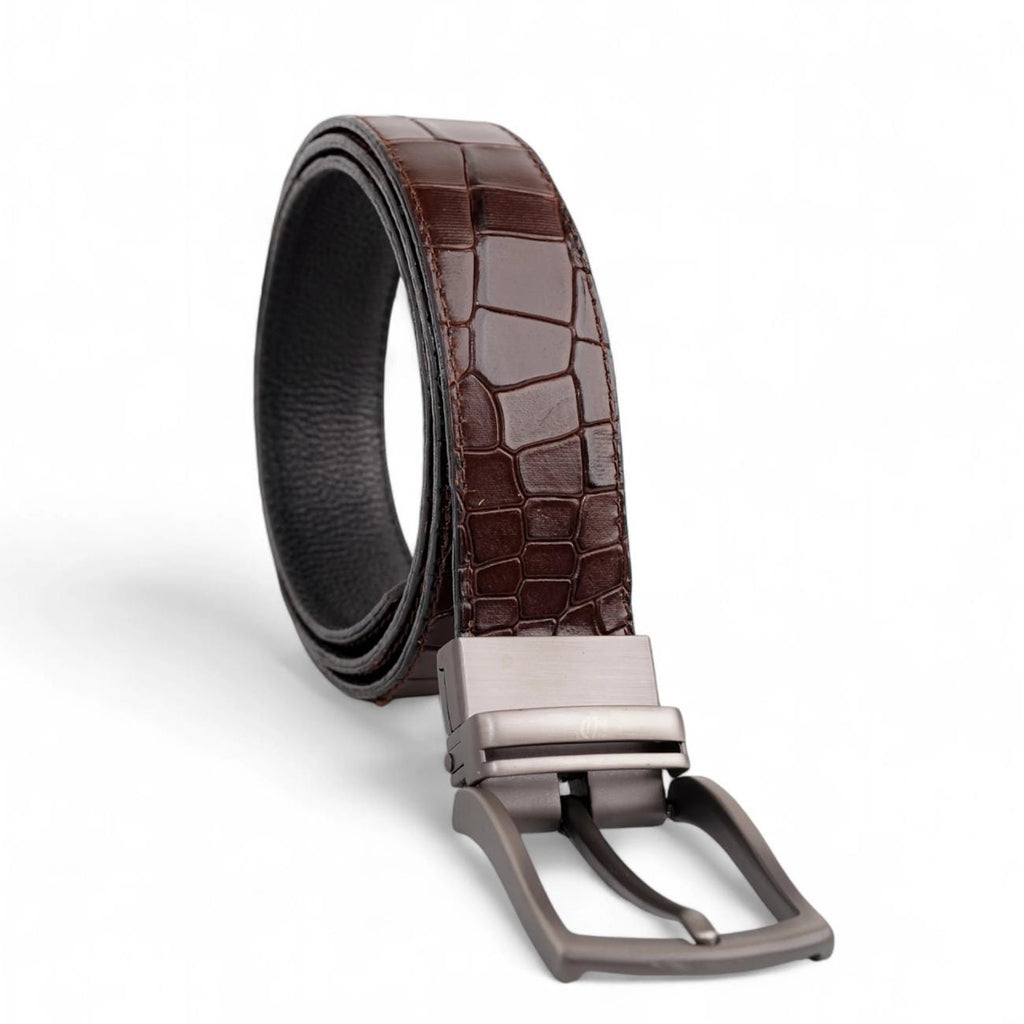 Handmade Reversible Men’s Leather Belt – Crocodile Textured & Smooth Finish with Silver-Tone Buckle