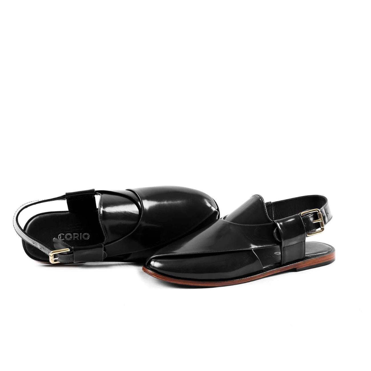 Handmade Black Patina Leather Peshawari Sandals – Men's Kaptaan Chappal with Leather Sole