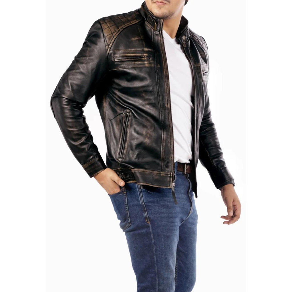 Handmade Lambskin Leather Cafe Racer Jacket: Vintage Distressed Black Biker Style