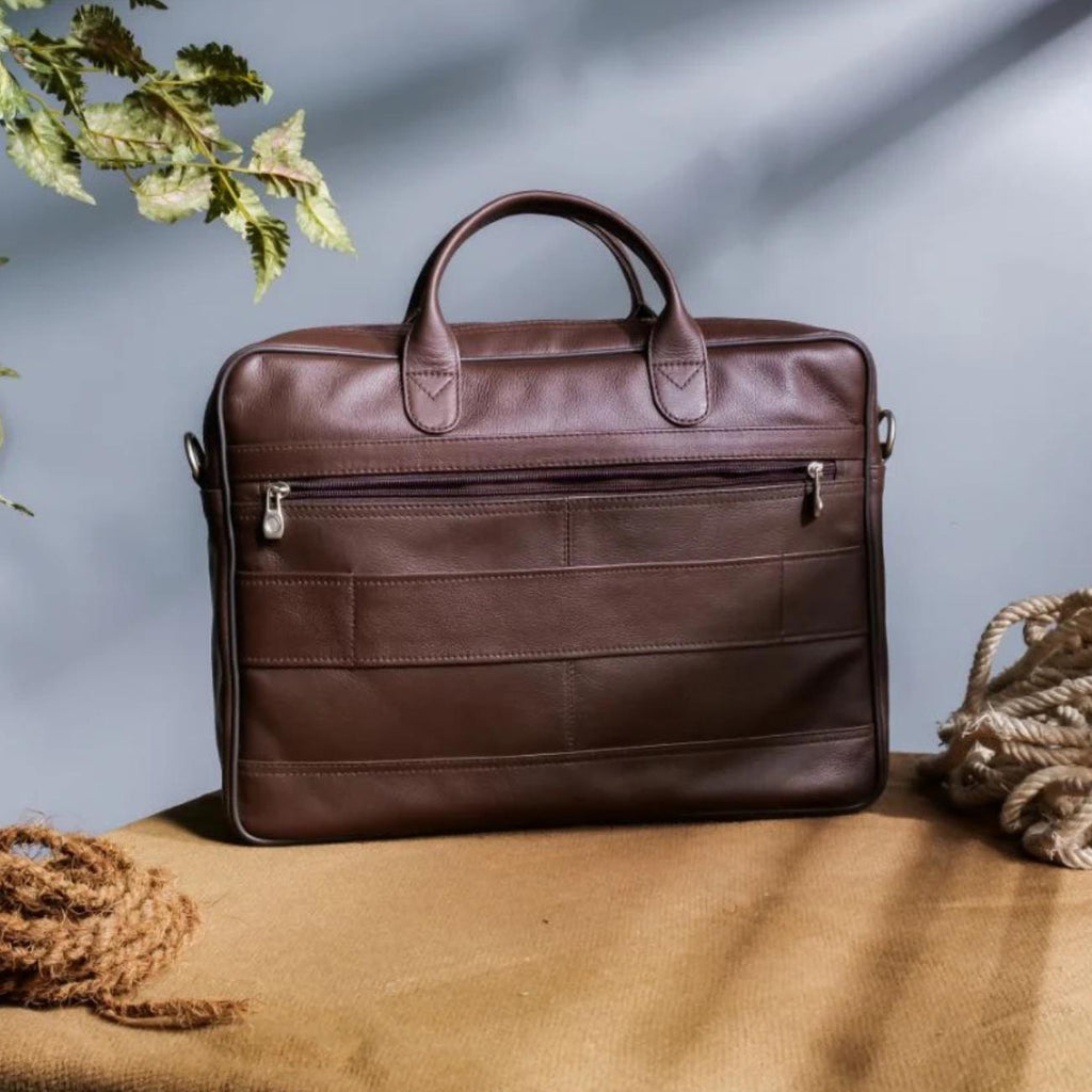 Full-Grain Leather Laptop Briefcase: 15.5" Messenger Bag with Antique Brass