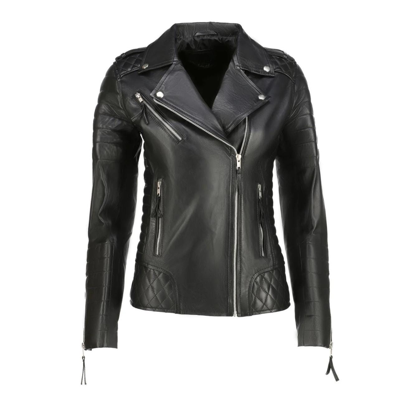 Handmade Quilted Lambskin Leather Biker Jacket - Slim Fit Multi-Zip Jackets for Women