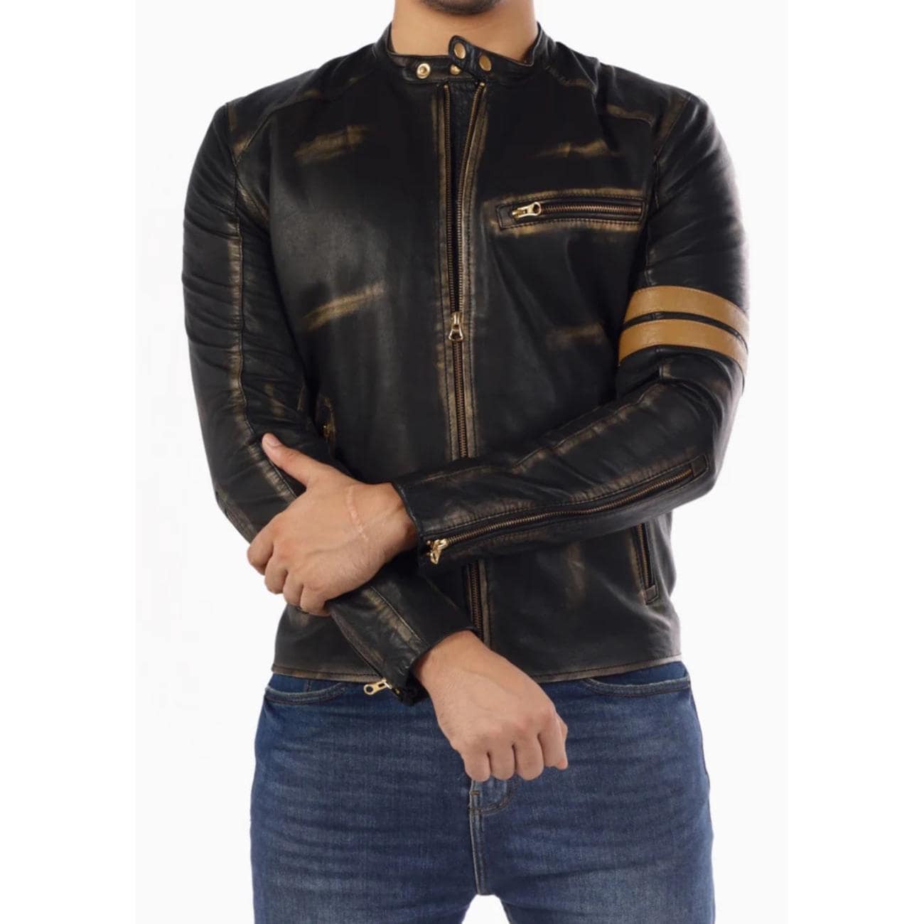 Handmade Distressed Lambskin Biker Jacket: Men's Vintage Cafe Racer Moto Jacket
