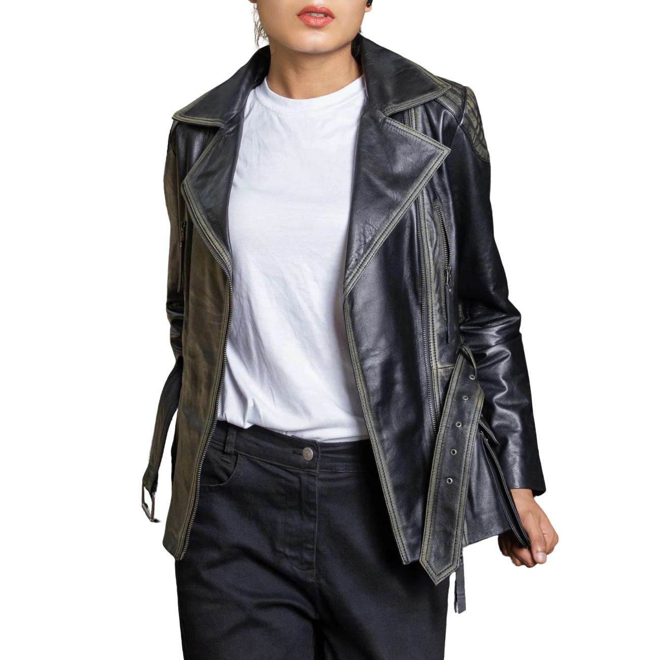 Distressed Black Lambskin Leather Biker Jacket: Women's Moto Style