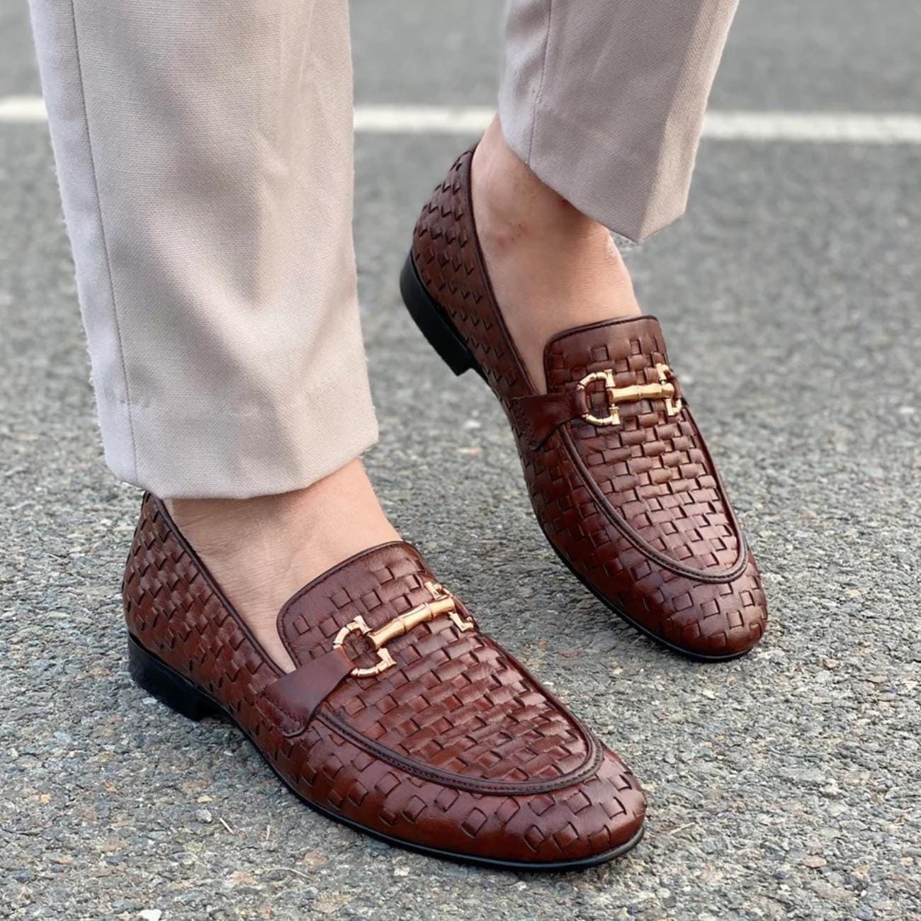 Handmade Braided Leather Loafers – Men’s Woven Slip-On Dress Shoes