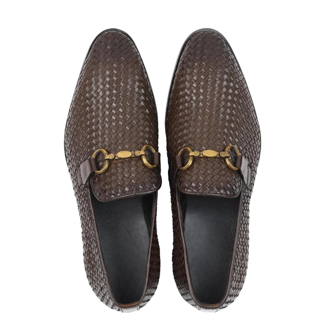 Men’s Handmade Handwoven Leather Loafers – Genuine Cowhide Dress Shoes with Leather Sole | Formal Wedding Shoes