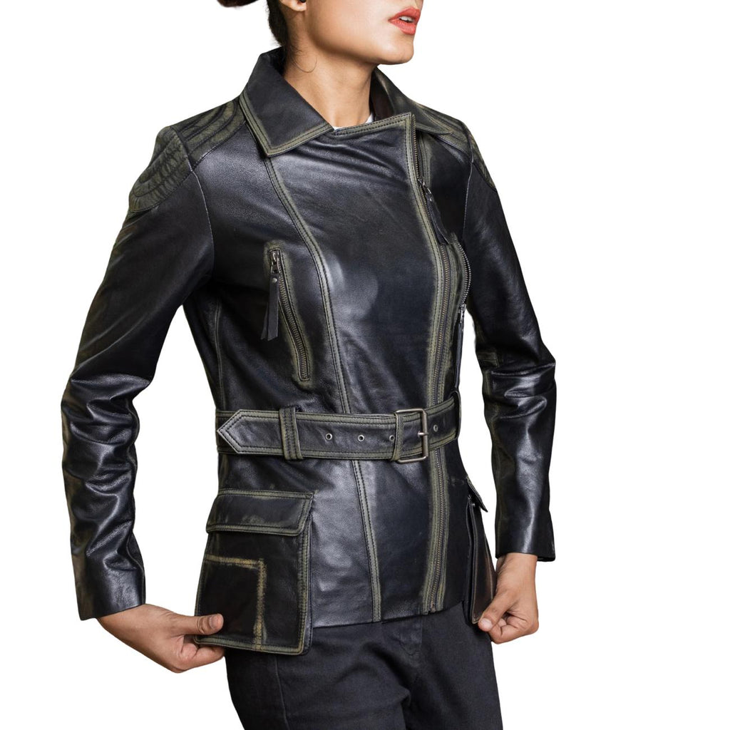 Distressed Black Lambskin Leather Biker Jacket: Women's Moto Style