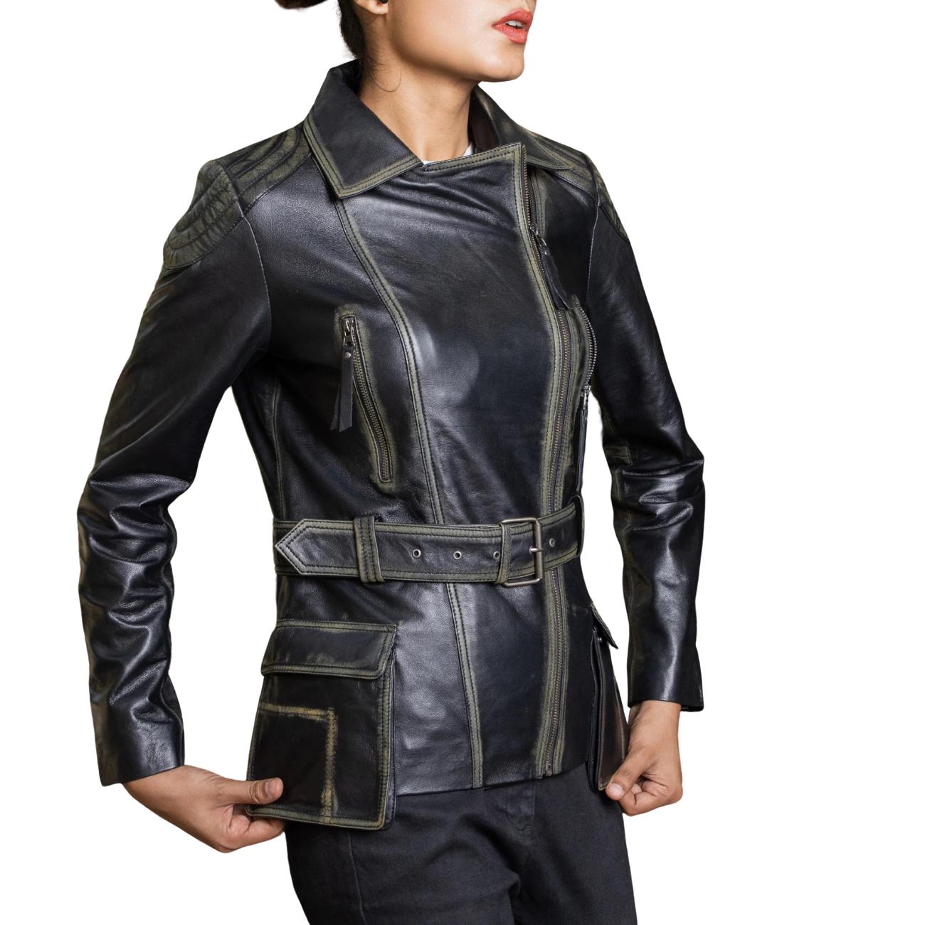 Distressed Black Lambskin Leather Biker Jacket: Women's Moto Style