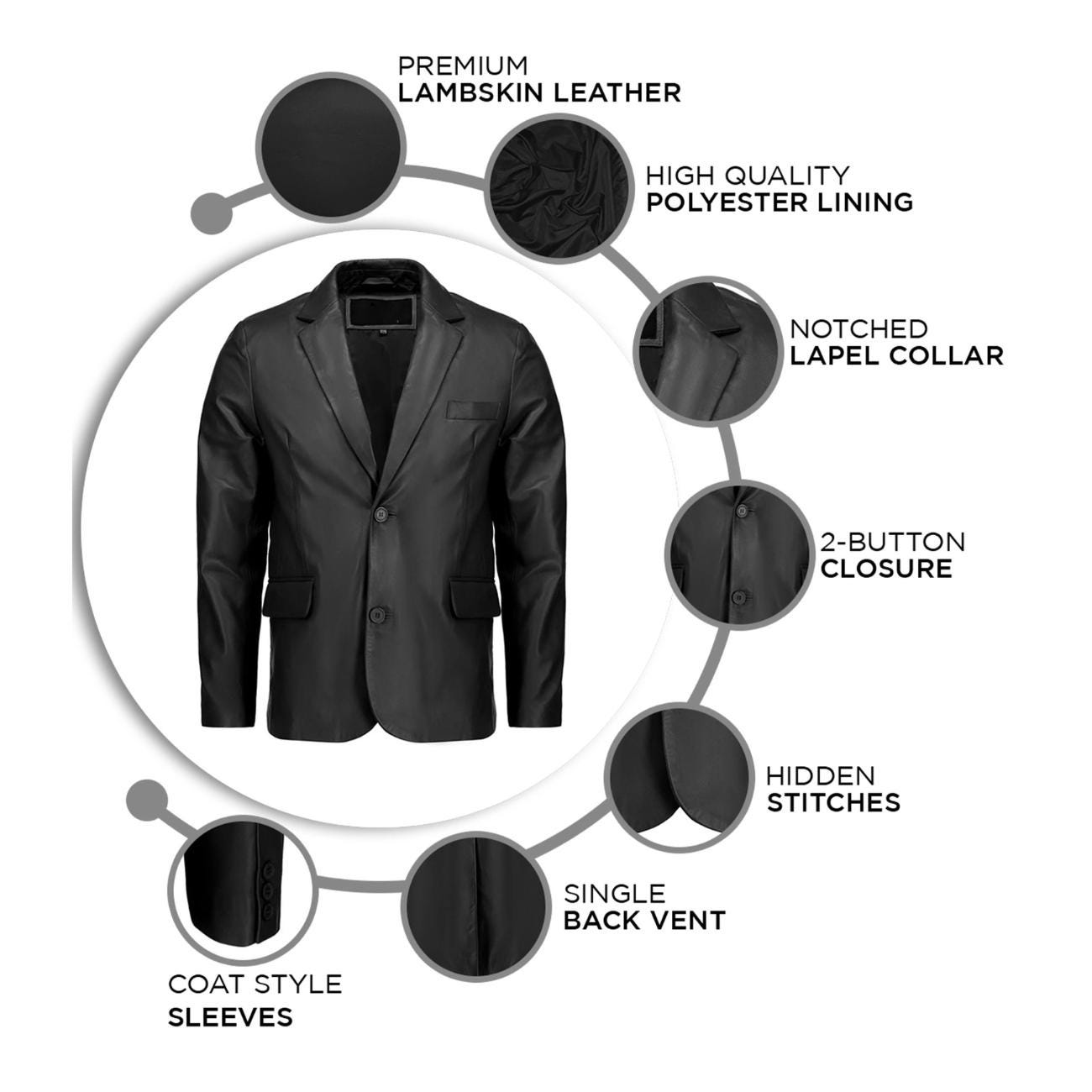 Handmade Men’s Leather Blazer – Black Lambskin Coat with Button Closure & Invisible Stitch Detailing