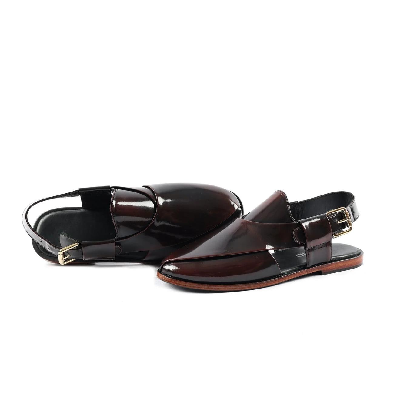 Handmade Black Patina Leather Peshawari Sandals – Men's Kaptaan Chappal with Leather Sole