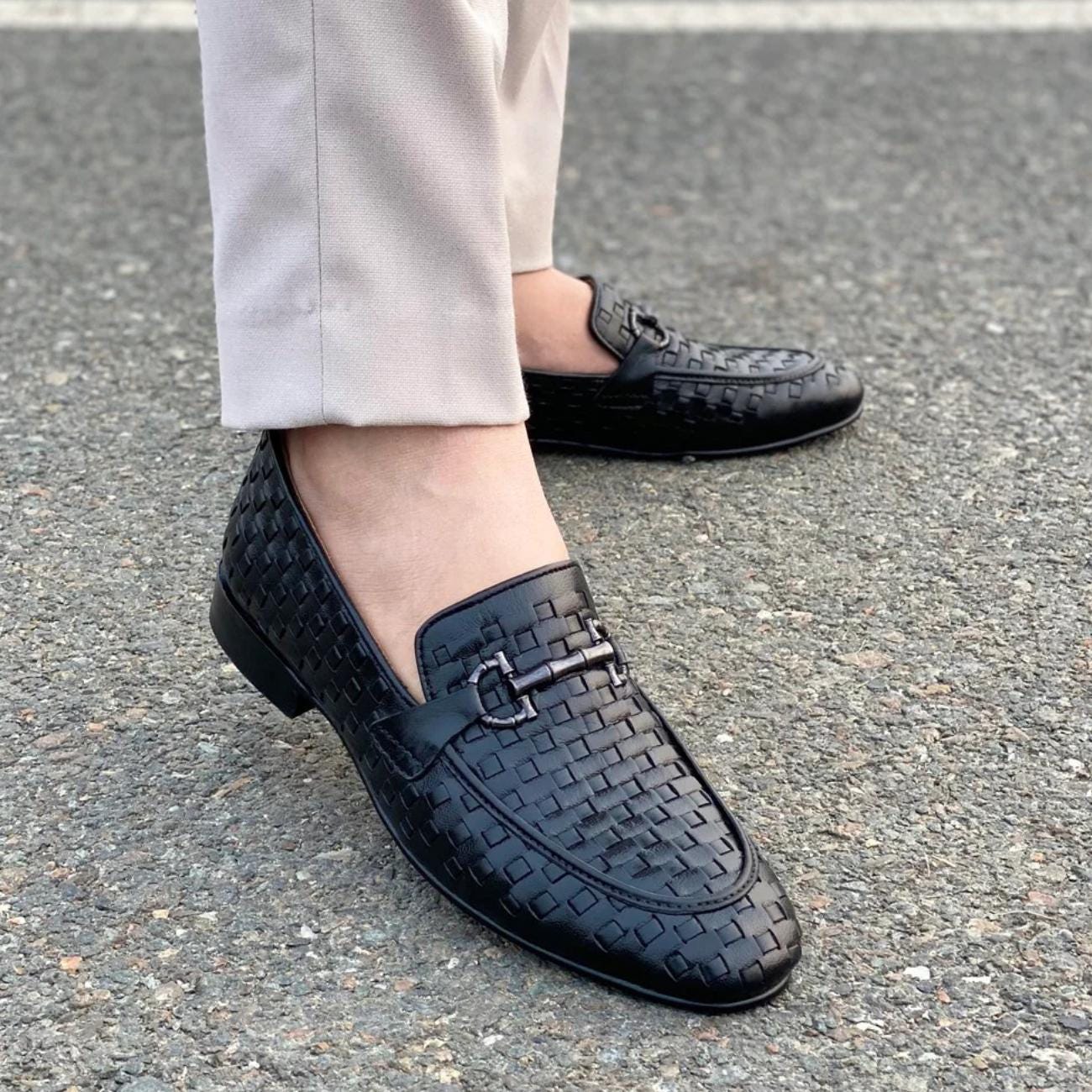 Handmade Braided Leather Loafers – Men’s Woven Slip-On Dress Shoes