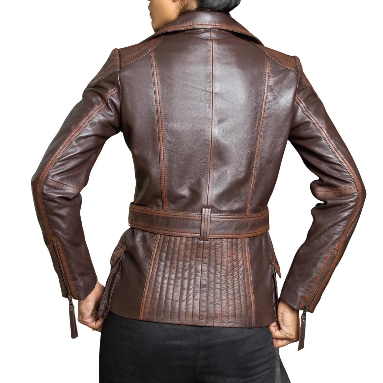 Distressed Brown Lambskin Leather Biker Jacket - Women's Retro Motorcycle Coat