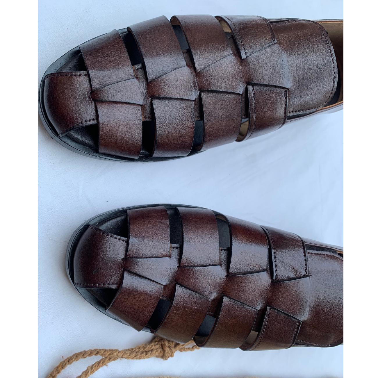 Greek Handmade Leather Fisherman Sandals: Mens Brown Cushioned Arch Support Shoes