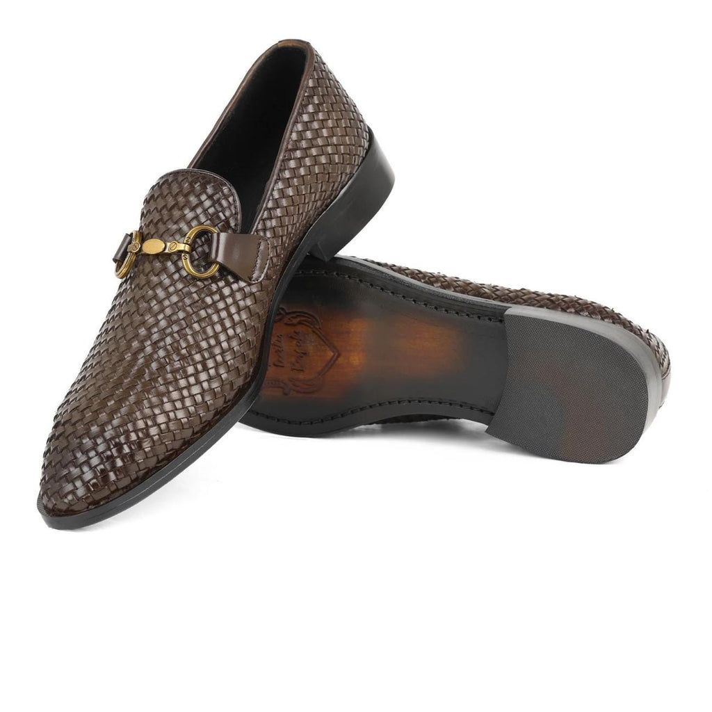 Men’s Handmade Handwoven Leather Loafers – Genuine Cowhide Dress Shoes with Leather Sole | Formal Wedding Shoes