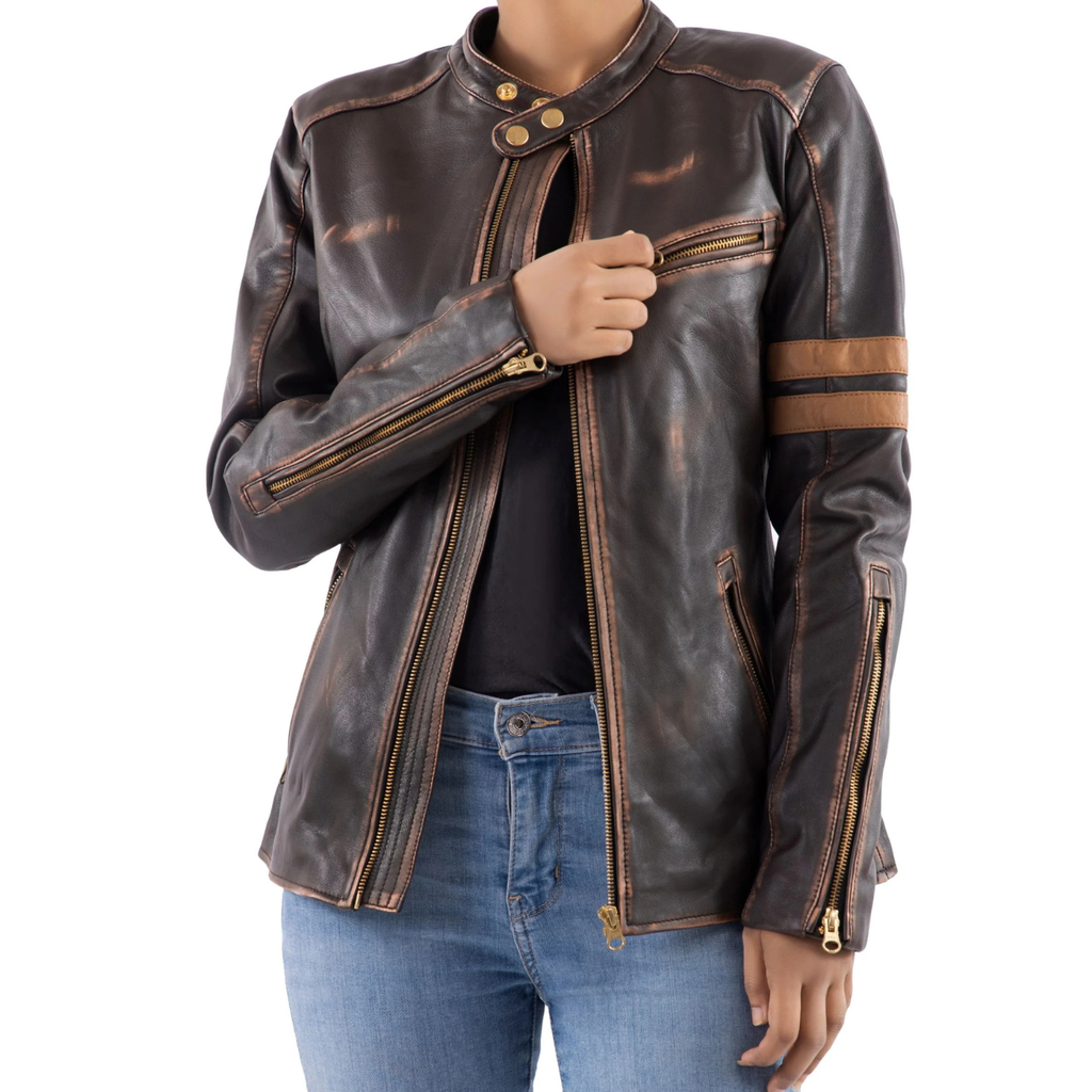 Distressed Leather Motorcycle Jacket: Vintage Cafe Racer Style Lambskin Jacket for Women